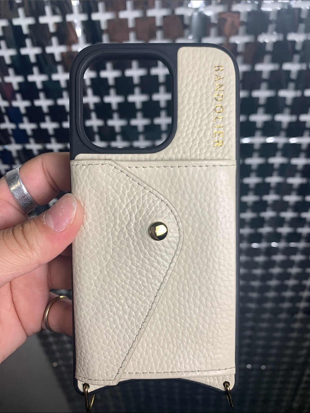 Bandolier Cream Leather Card Wallet iPhone 15 Pro Case with Gold Accent - Picture 1 of 5